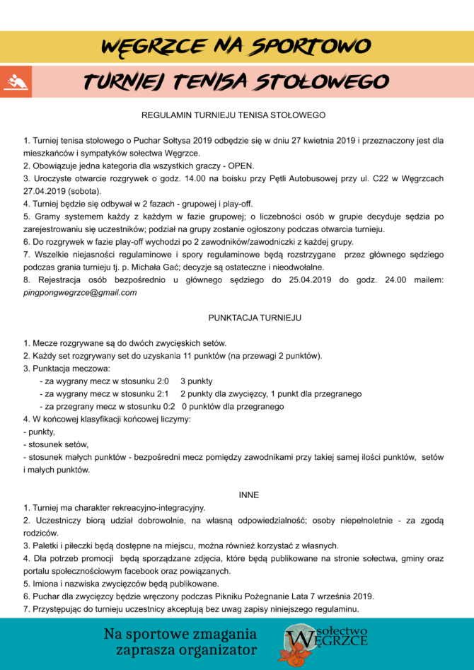 Węgrzce na&nbsp;sportowo – regulamin turnieju tenisa stołowego