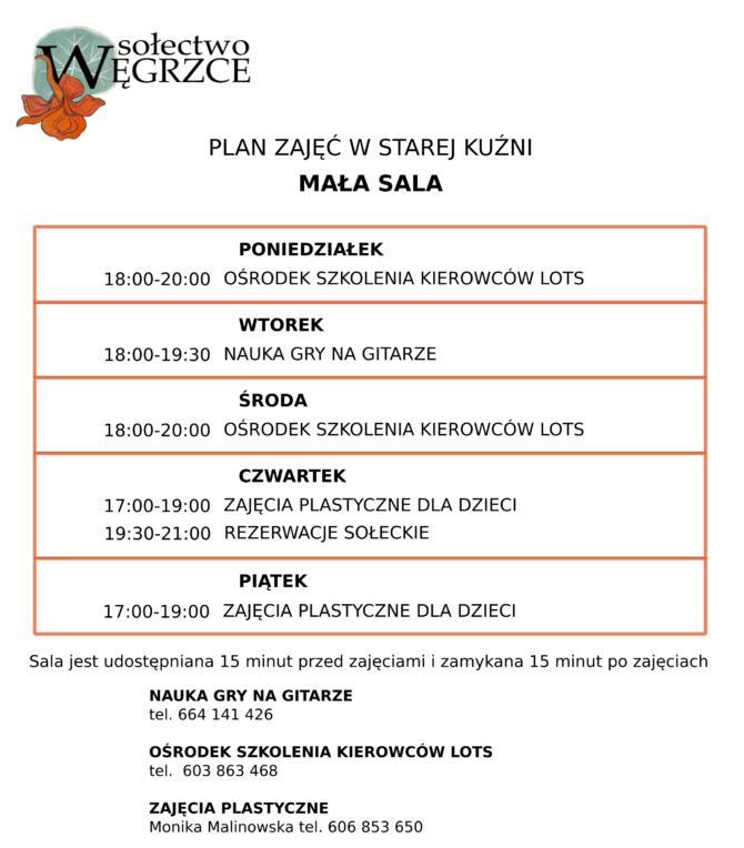 Rozkład zajęć w&nbsp;Starej Kuźni na&nbsp;małej sali