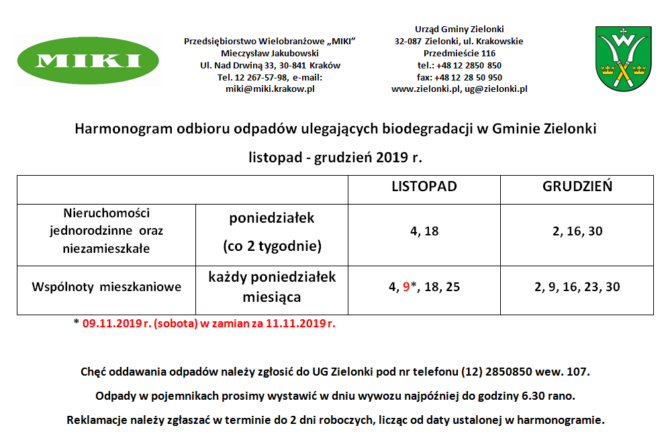 Harmonogram odbioru odpadów ulegających biodegradacji w&nbsp;Gminie Zielonki listopad – grudzień 2019