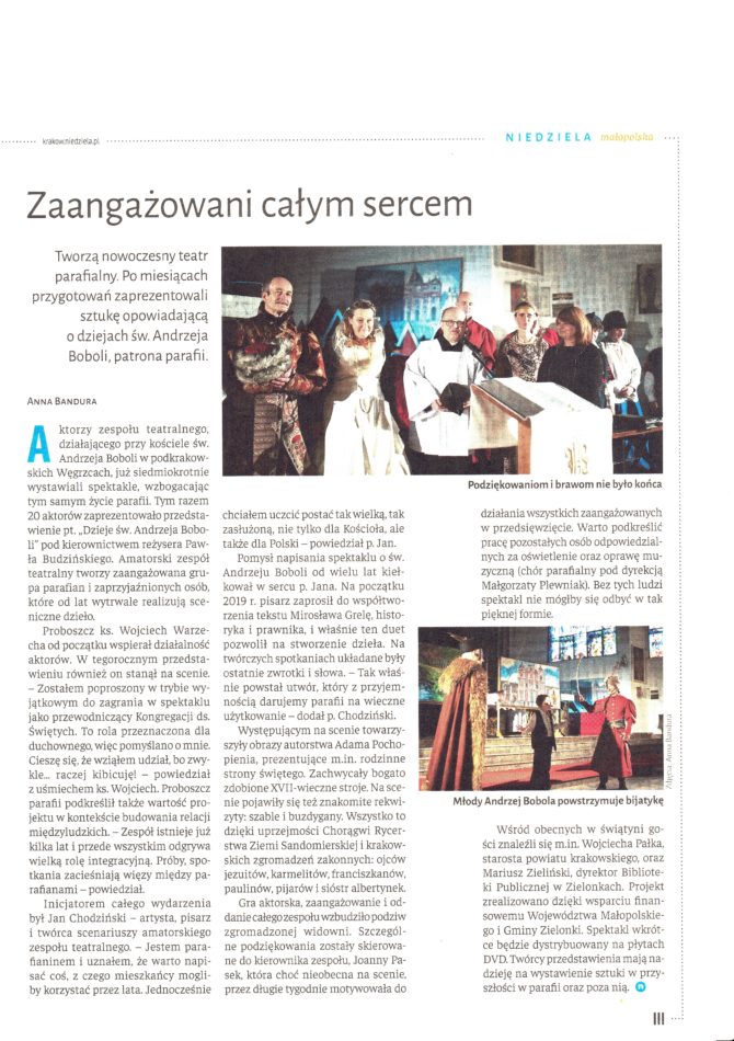 Artykuł o&nbsp;występie Grupy Teatralnej w&nbsp;przedstawieniu o&nbsp;Andrzeju Boboli