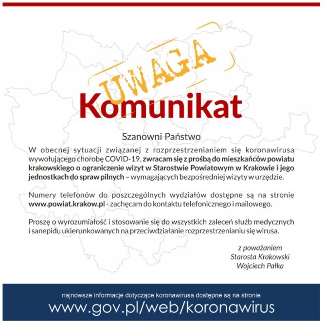 Komunikat dla petentów Starostwa Powiatowego w&nbsp;Krakowie