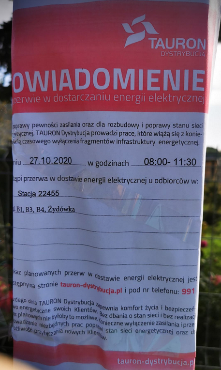 27 października wyłączenia prądu na&nbsp;ul.&nbsp;B1, B3, B4 i&nbsp;Żydówka w&nbsp;Węgrzcach