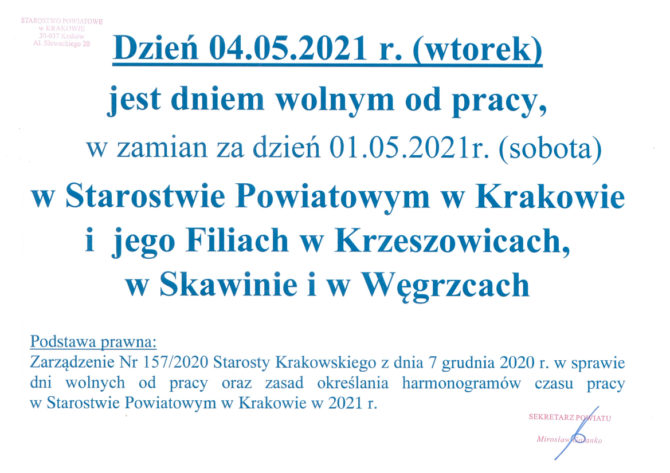 Dzień 04.05.2021 wolny od&nbsp;pracy w&nbsp;Starostwie Powiatowym