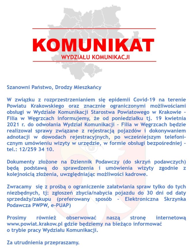 Komunikat Wydziału Komunikacji – Filia w&nbsp;Węgrzcach