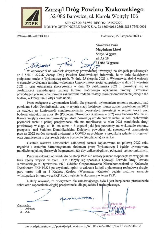 Odpowiedź ZDPK na&nbsp;pismo Pani Sołtys w&nbsp;sprawie remontu drogi powiatowej
