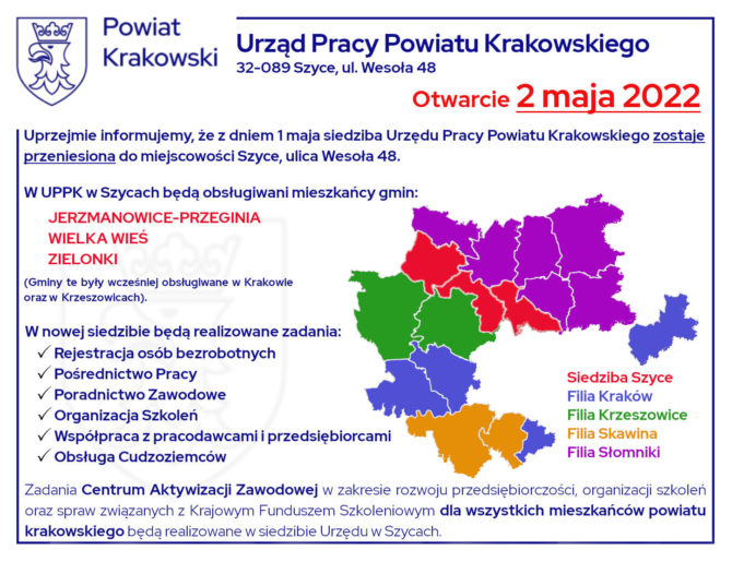 Siedziba Urzędu Pracy dla gminy Zielonki przeniesiona do&nbsp;miejscowości Szyce