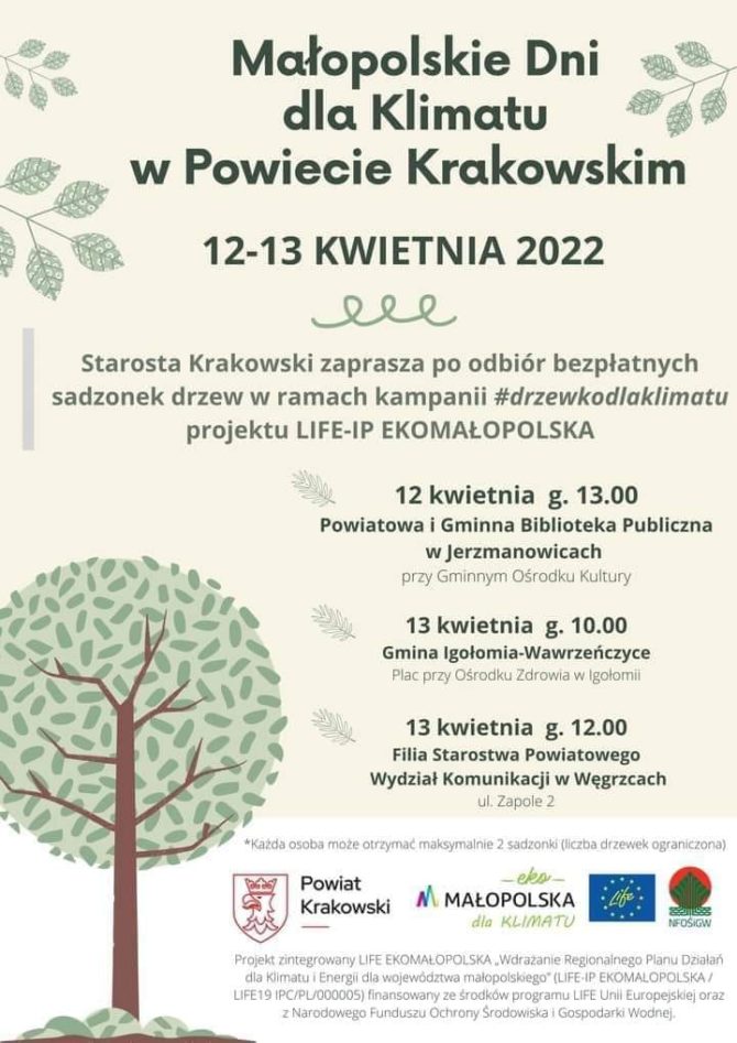 Powiat Krakowski zaprasza po&nbsp;odbiór sadzonek w&nbsp;Węgrzcach