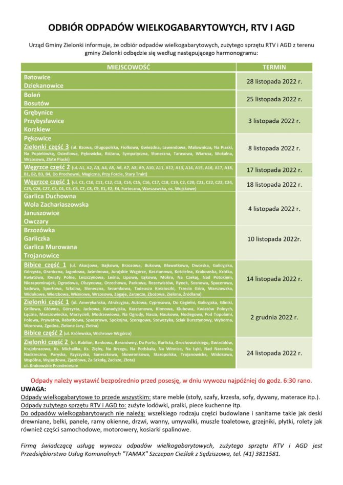 Harmonogram wywozu śmieci wielkogabarytowych