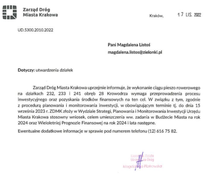 Odpowiedź w&nbsp;sprawie ścieżki rowerowej wzdłuż „płyt”