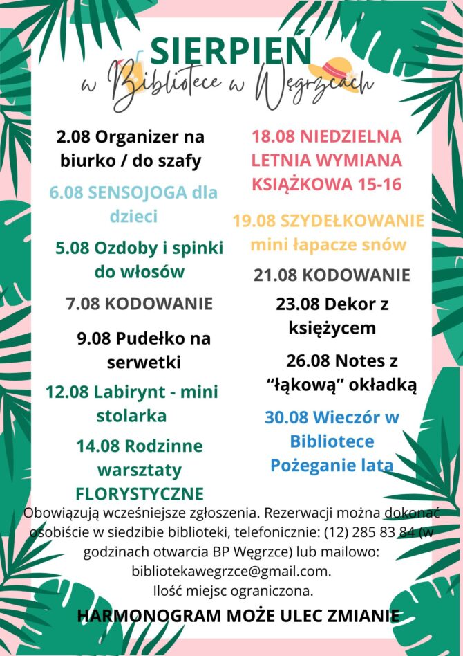 Biblioteka Publiczna w&nbsp;Węgrzcach zachęcamy do&nbsp;zapoznania się z&nbsp;sierpiniowym harmonogramem warsztatów i&nbsp;spotkań